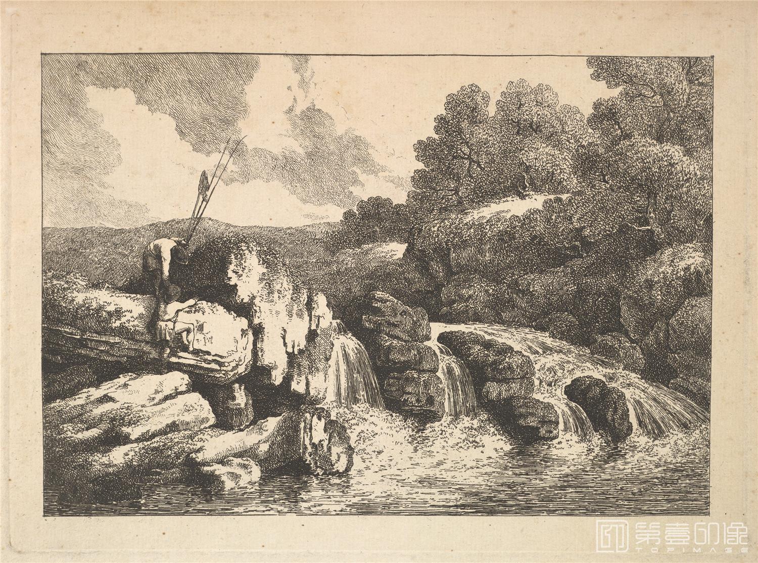 素描-美国纽约大都会美术馆素描藏画-Thomas RowlandsonLandscape with Two Fishermen Climbing Rocks-1617